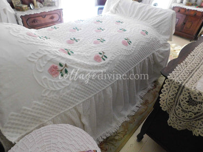 Heirloom Rose Vintage Chenille Bedspread, Full Size, JELDI AUSTRALIA, Cotton, Ruffled Skirt