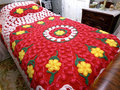 flower power vintage red hot chenille bedspread w/ hearts & daisies, full size plush cotton bedding