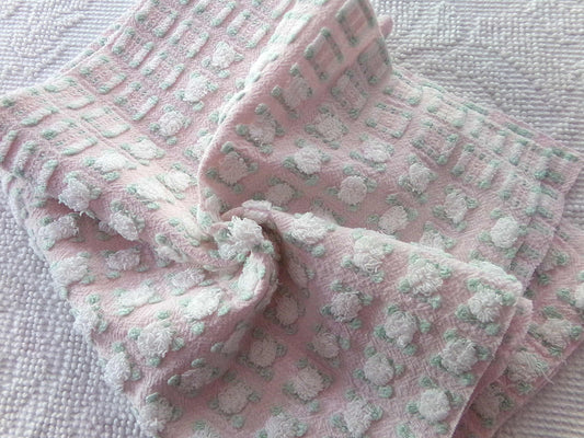 White Rosebud Pink Vintage Chenille Fabric, 18" x 24" inch Piece, Phantom Rose Pattern, Rare Morgan Jones Design