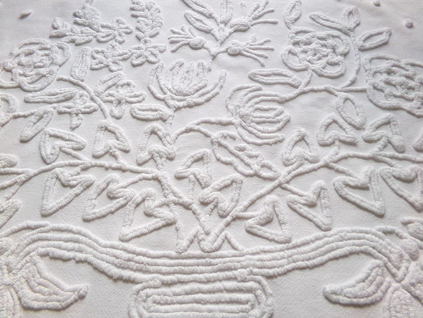 exquisite bride's basket vintage chenille fabric, white floral design is lovely material for quilts, wall hanging, crafts, 25" x 21" piece