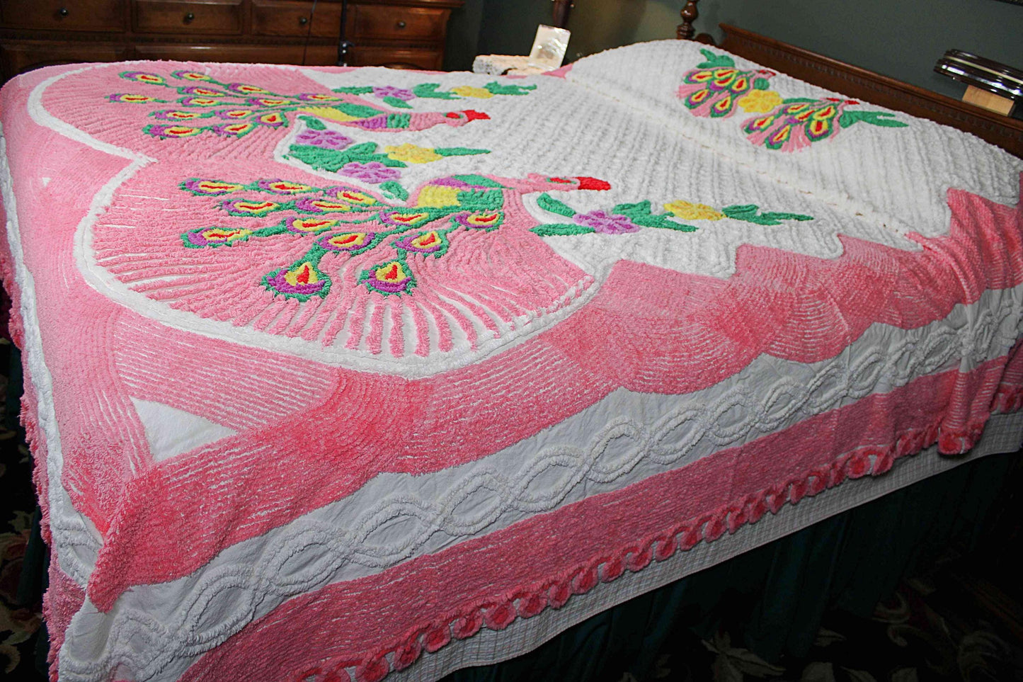 Popular Pink Peacock Vintage Chenille Bedspread, Full Size Boho Glam Bedding