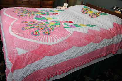 Popular Pink Peacock Vintage Chenille Bedspread, Full Size Boho Glam Bedding