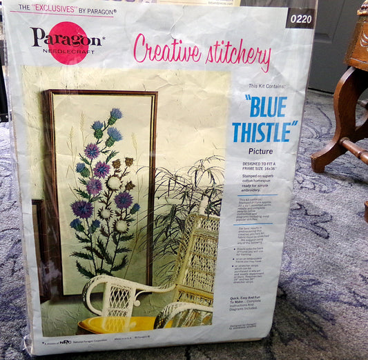 BLUE THISTLE Crewel Stitchery Kit, Vintage 0220 Paragon Needlecraft Embroidery, Hippie Style Wall Hanging, Barbara Sparre Design
