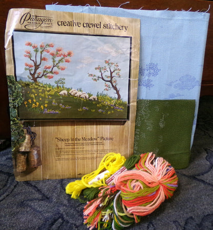 SHEEP in the MEADOW Crewel Embroidery Kit, Vintage Paragon Needlecraft 0920, Pastoral Scene