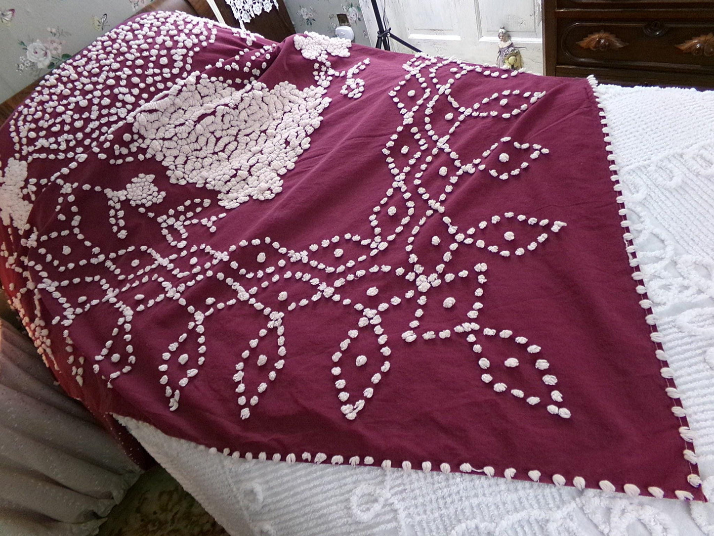 Antique Peacock Chenille Bedspread, Shabby Vintage Victorian Handmade Coverlet in Deep Wine with Snow White Tufting, Full Size Bedding