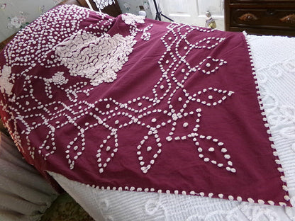 Antique Peacock Chenille Bedspread, Shabby Vintage Victorian Handmade Coverlet in Deep Wine with Snow White Tufting, Full Size Bedding