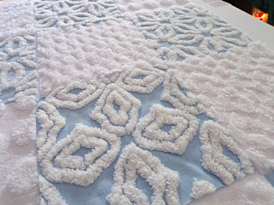 Coastal Classics Quilt Squares Set, from Vintage Chenille Bedspread Fabric, 16 Blocks, 6" x 6" inch, Fluffy Plush Blue & White