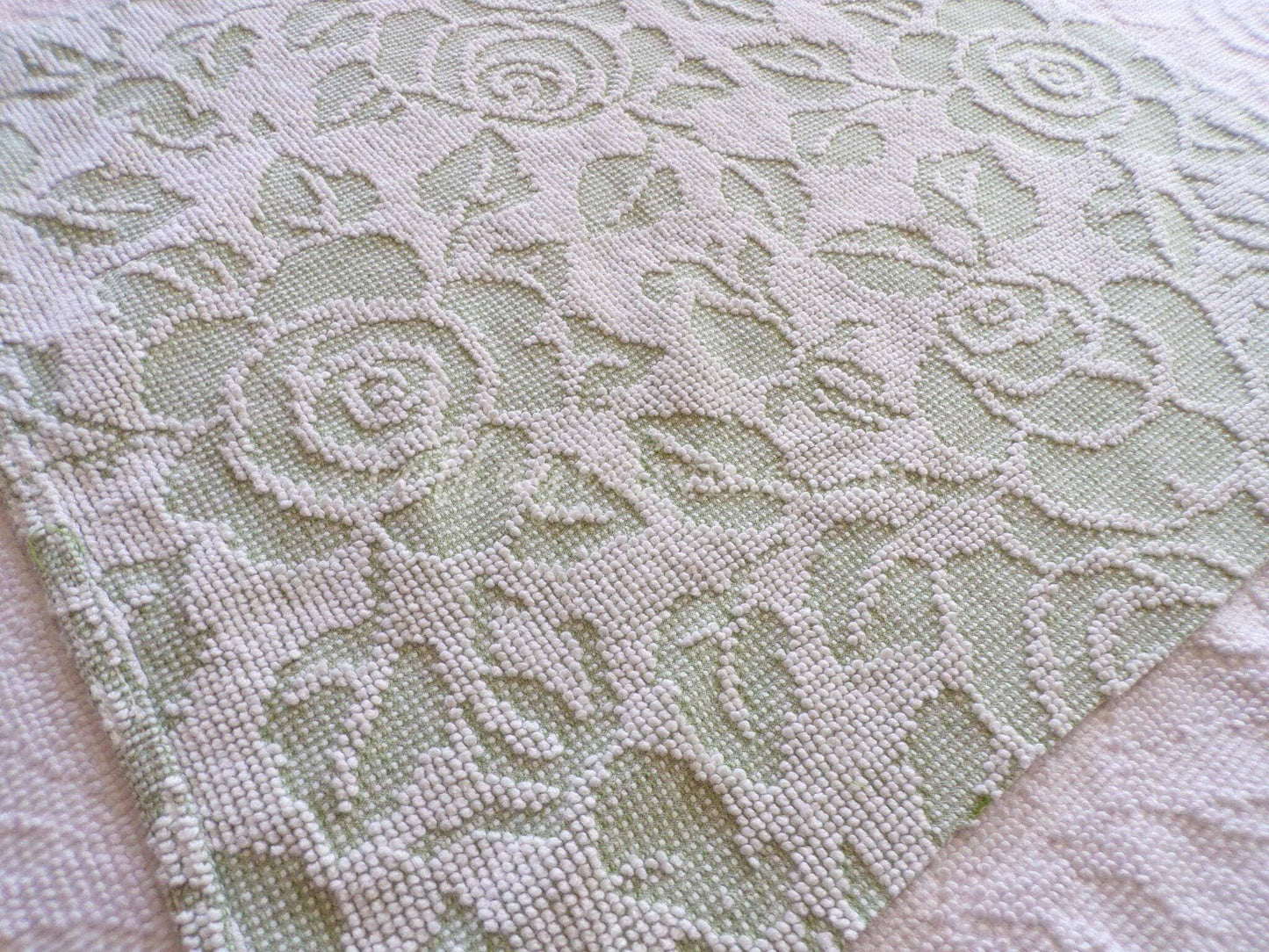 Sage Green Creamy White Cabbage Rose Chenille Fabric, 19" x 23" inch Piece, Vintage Fieldcrest Reversible Hobnail Design, Durable & Strong