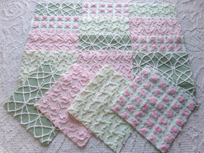 fairy garden chenille fabric squares, set of 16 vintage pink & green quilt blocks 6" ea, rosebud, squiggles for crafts, quilting