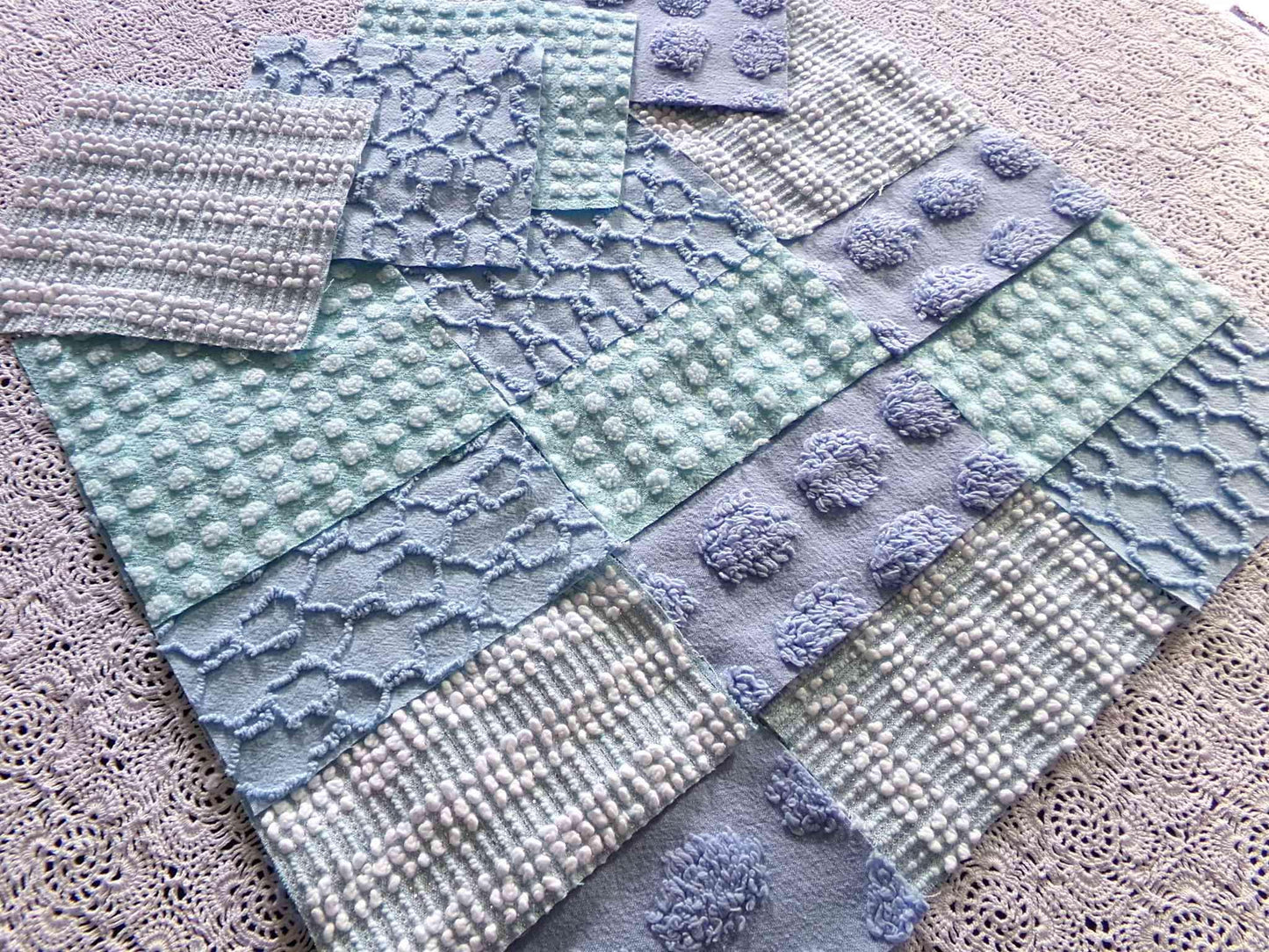 lake breeze vintage chenille quilt squares, set of 16 cool blue & aqua cotton 6" quilt blocks for quilting, upcycling into crafts