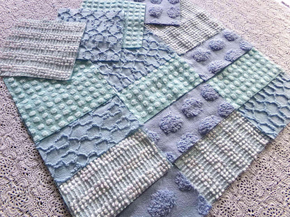 lake breeze vintage chenille quilt squares, set of 16 cool blue & aqua cotton 6" quilt blocks for quilting, upcycling into crafts