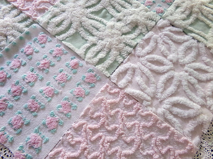 Chenille Squares Set, "Flower Petals," 16 Vintage Fabric Quilt Blocks, 6" inch in White Daisy, Pink Rosebud, Mint Green, Squiggles