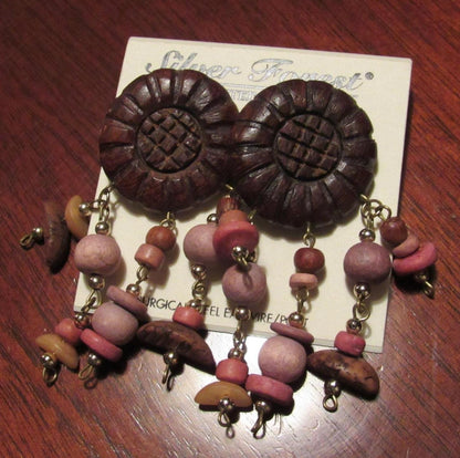 Carved Wood Daisy Dangle Pierced Earrings with Bangles, Vintage Silver Forest Vermont Hippie Boho Artisan Style