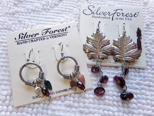 Vintage Lot Boho Earrings, 2 Pair Silver Forest Silvertone Pierced Dangle Earring, maple leaf & beads, small hoops w/ dangling feathers
