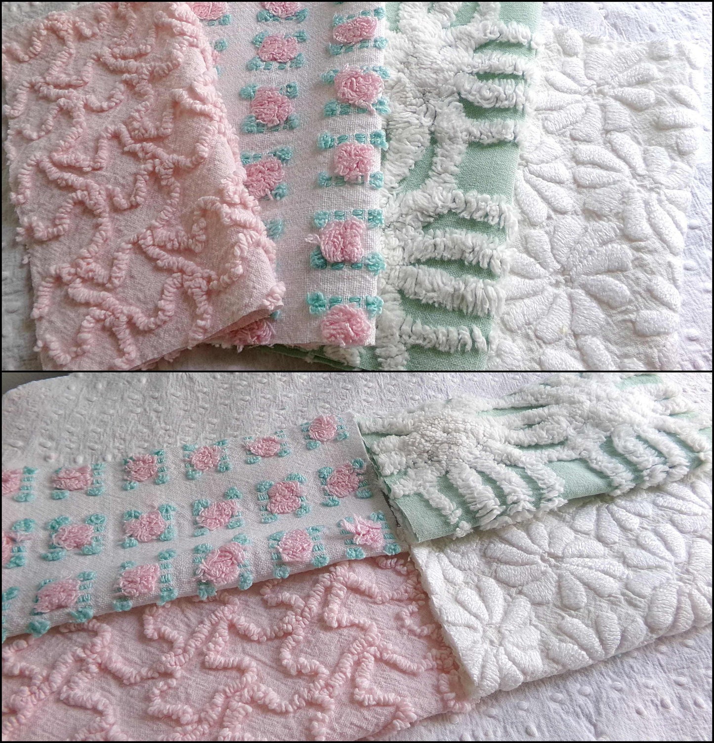 Chenille Squares Set, "Summer Bliss," 16 Vintage Fabric Quilt Blocks, 6" inch in White Daisy, Pink Rosebud, Mint Green, Squiggles