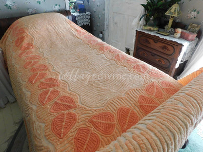 Fancy Falling Leaves Vintage Cozy Peach Chenille Bedspread, 1940s Era Cotton, Twin Size