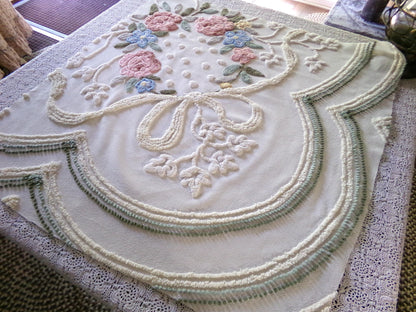 Romantic Cottage Chic Vintage Chenille Fabric, 28" x 26" Piece, Needletuft Floral Wreath Ivy Bow, for Quilting, Sewing, Fiber Arts, Crafts