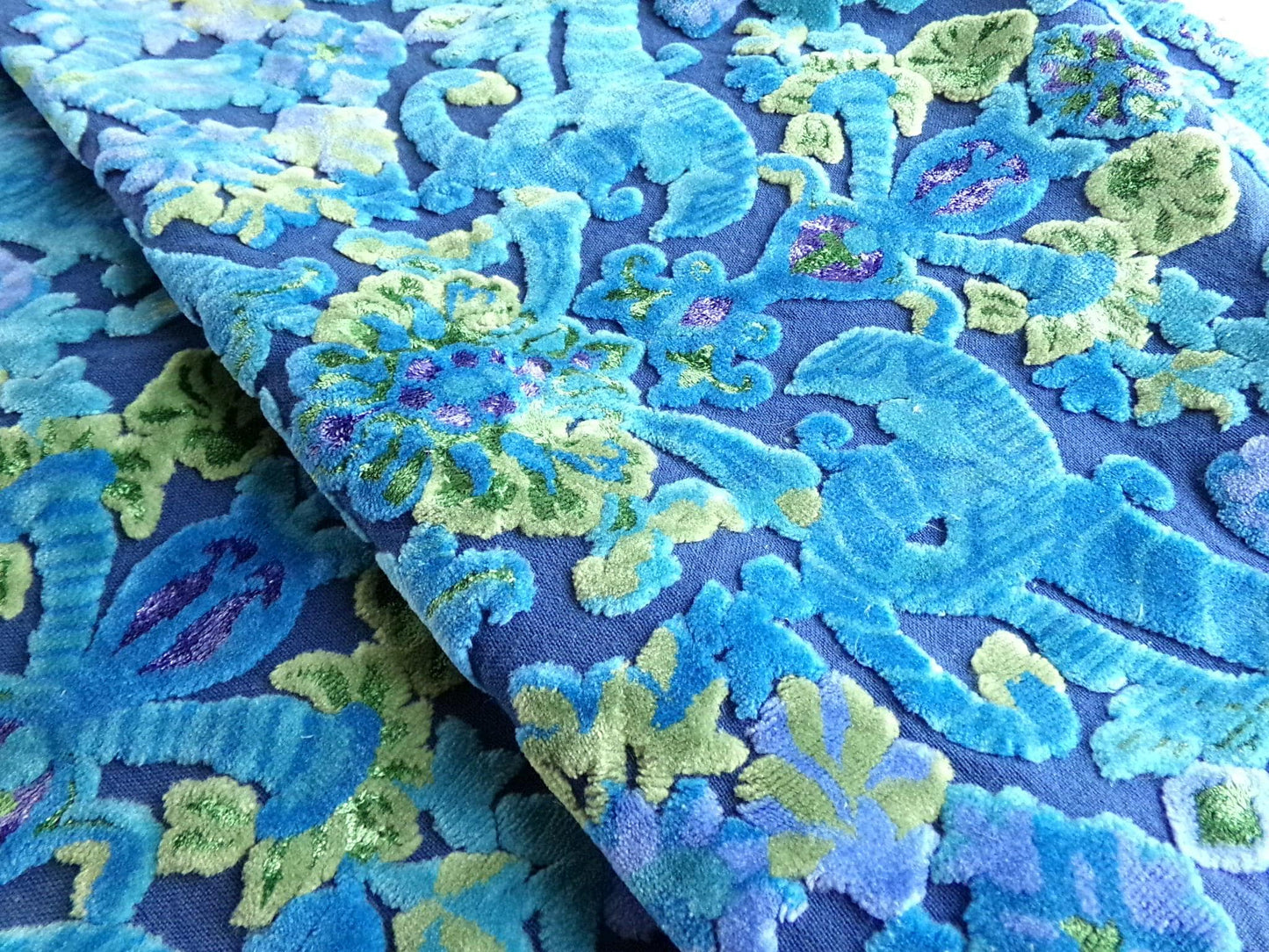 celestial vintage cut velvet fabric, midnight blue mystic Bates tapestry chenille, 18" x 22" inch piece, sewing material for boho bags
