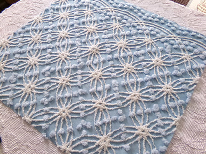 cottage coastal chic fabric, 22" x 24" inch piece cut from vintage chenille bedspread, needletuft white wedding rings with overtufted pops