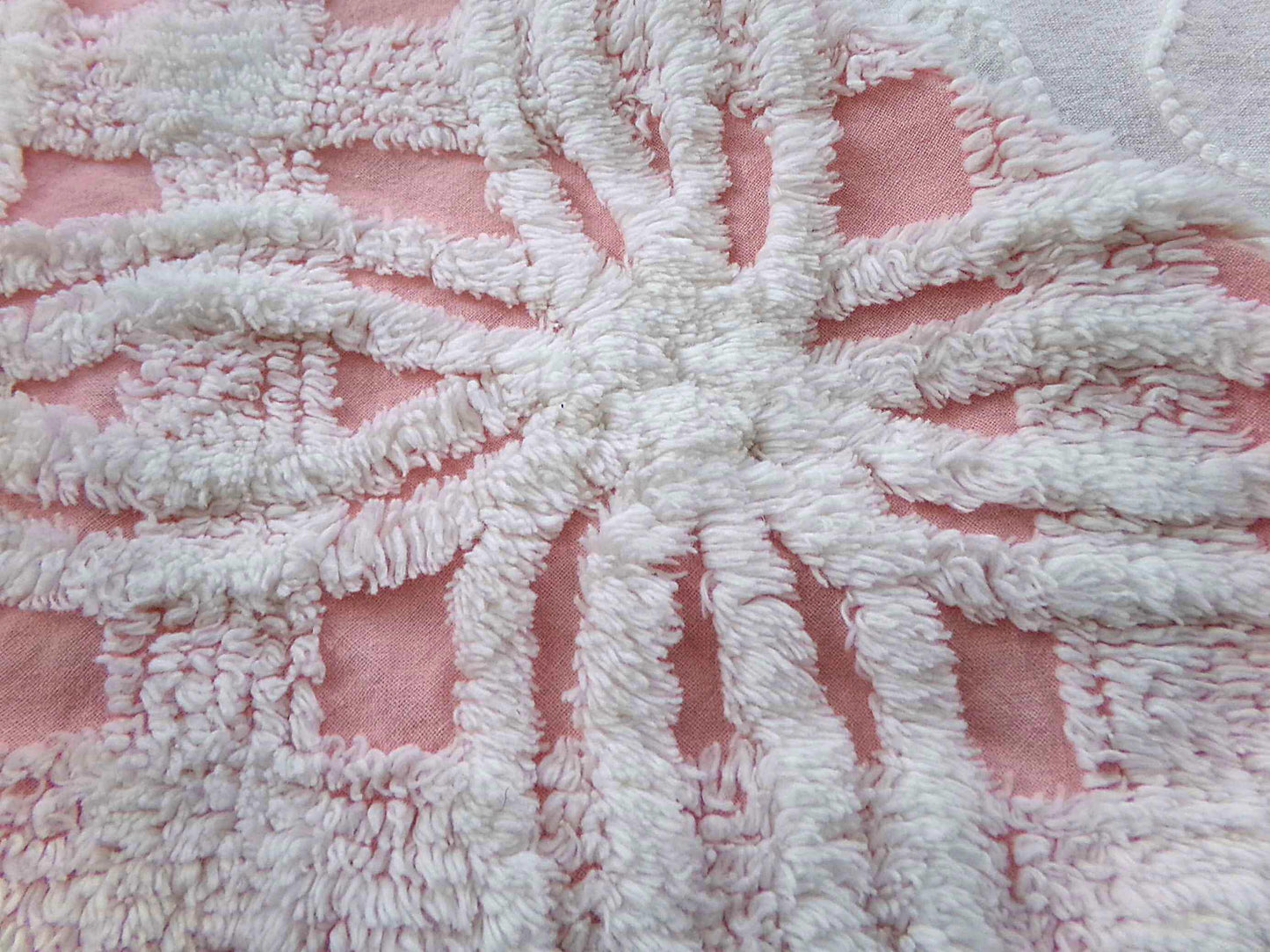 quilter's favorite chenille fabric, classic pink & white spider tufted sewing material, 20" x 24" inch piece from vintage chenille bedspread