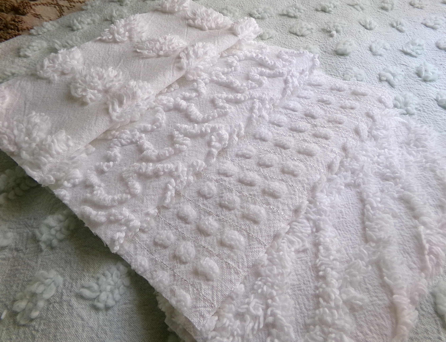 Snow Day White Fabric Squares Cut from Vintage Chenille Bedspreads, 16 Quilt Blocks, 6" x 6" inch each
