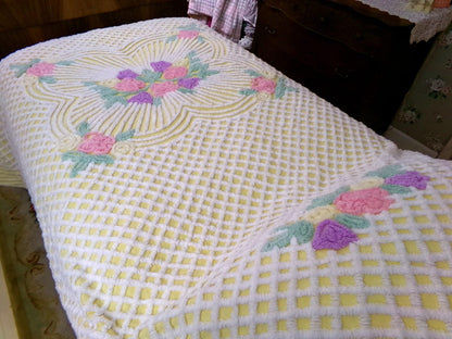 just joyful vintage chenille bedspread in cheery yellow with springtime flowers, full size bedding, 100% quality cotton