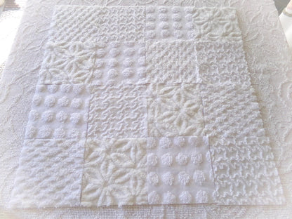 cherub feathers white chenille fabric squares, cut from vintage chenille bedspreads in popular patterns, set of 16 quilt blocks, 6" inch ea