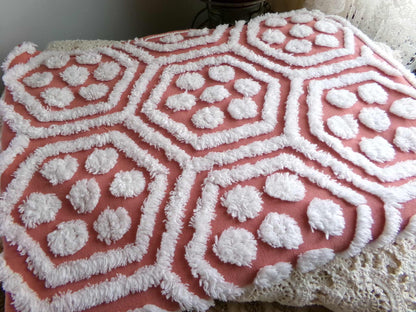 Hippie Hexagon Reversible Vintage Chenille Fabric, Sewing Quilting Material in Boho Style Terracotta & White, 22.5" x 30" inch Piece