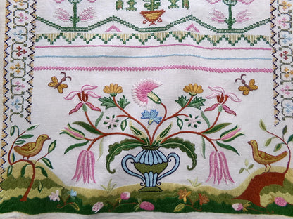Shabby Vintage Linen Embroidery Sampler, Jacobean 1773 Cooper Hewitt Museum, 0860 Paragon Stitchery, Hand Embroidered, Completed