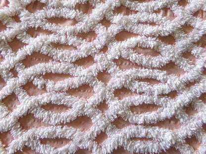 plush white eternity link chenille fabric on peach cotton seersucker, 19" x 25" inch piece of sewing material
