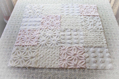 Baby's Breath Chenille Fabric Squares Set in White & Pink, Cut from Vintage Chenille Bedspread Material, 16 Blocks, 6" x 6" inch each