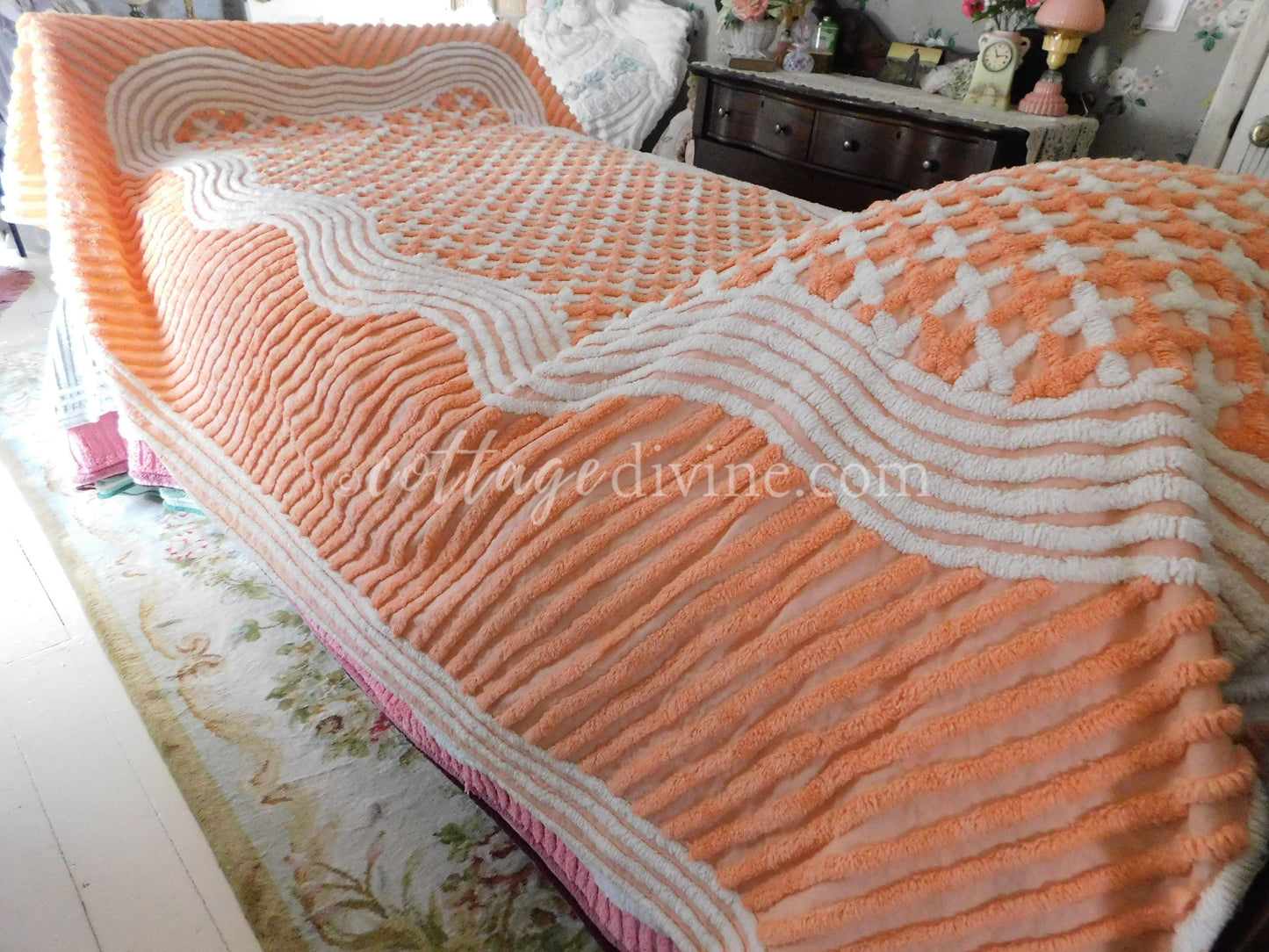 Delicious Peach Creamsicle Vintage Chenille Bedspread, 100% Plush Cotton, Twin Size