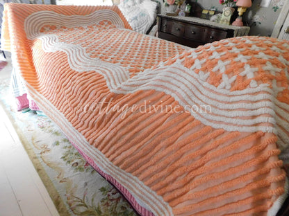 Delicious Peach Creamsicle Vintage Chenille Bedspread, 100% Plush Cotton, Twin Size