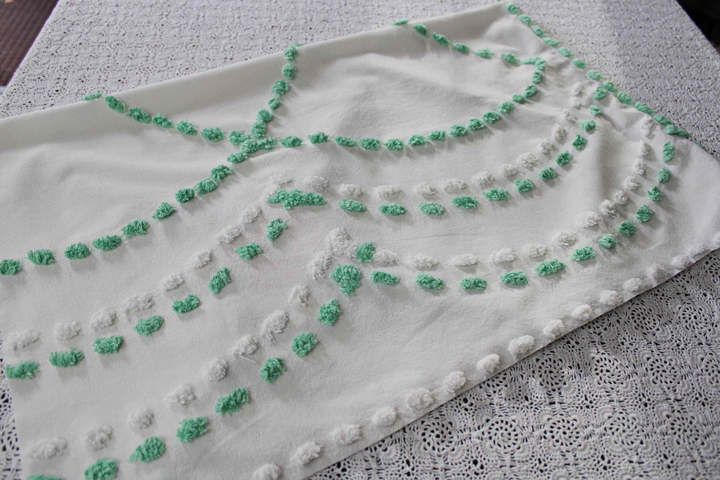 simple floral vintage chenille fabric, 32" x 23" cut piece, jadeite & white pops with pink rose flower, lightweight cotton
