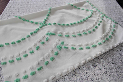 simple floral vintage chenille fabric, 32" x 23" cut piece, jadeite & white pops with pink rose flower, lightweight cotton