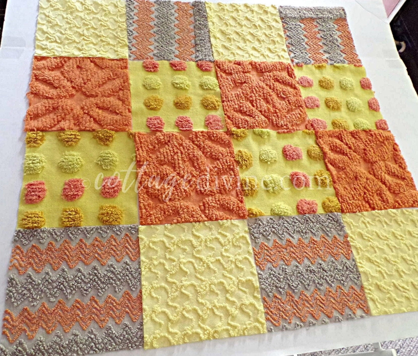 Retro Hippie Quilt Squares Set, from Vintage Chenille Bedspread Fabric, 16 Blocks, 6" x 6" inch