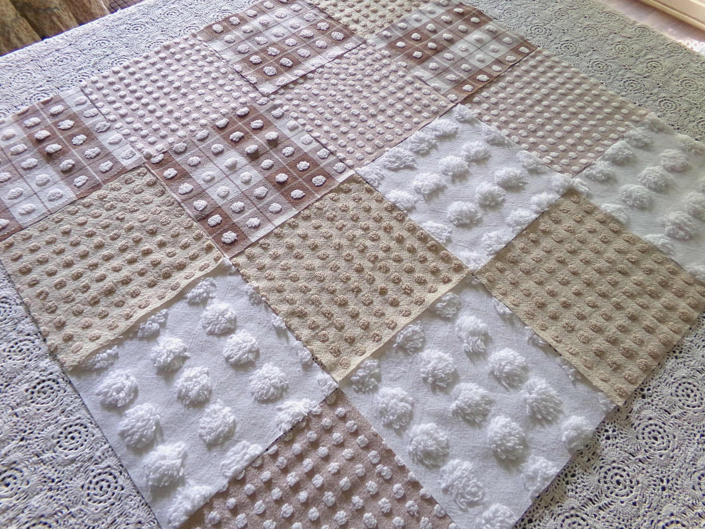 teddy bear browns chenille fabric squares, set of 16 vintage 6" quilt blocks for sewing, quilting, crafts in mocha, chocolate & white pops
