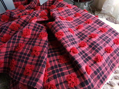 Midnight Black Tartan Plaid Vintage Chenille Bedspread Fabric, Tufted Deep Red Dots, 19" x 26" inch Piece, Lightweight Quilt Material