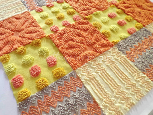Quilt Squares Set, "Wild Lightning Zaps" from Vintage Chenille Bedspread Fabric, 16 Blocks, 6" x 6" inch