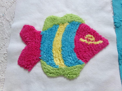 fish fiesta chenille fabric squares, set of 6 large 9.5" square quilt blocks, colorful fishies & bright coin dots