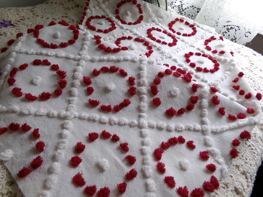 ruby red rings in white diamonds vintage chenille fabric, charming antique handtufted 20"x 25" inch piece of sewing & quilt material