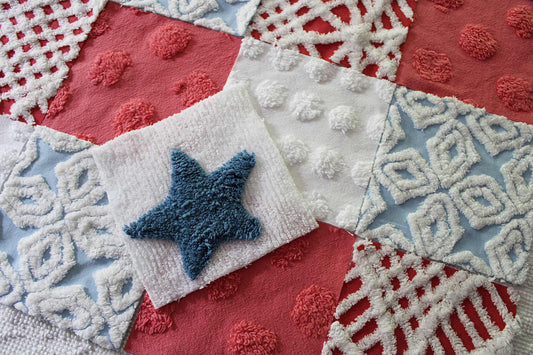 vintage red, white & blue chenille fabric squares, set of 17 blocks in patriotic Americana colors