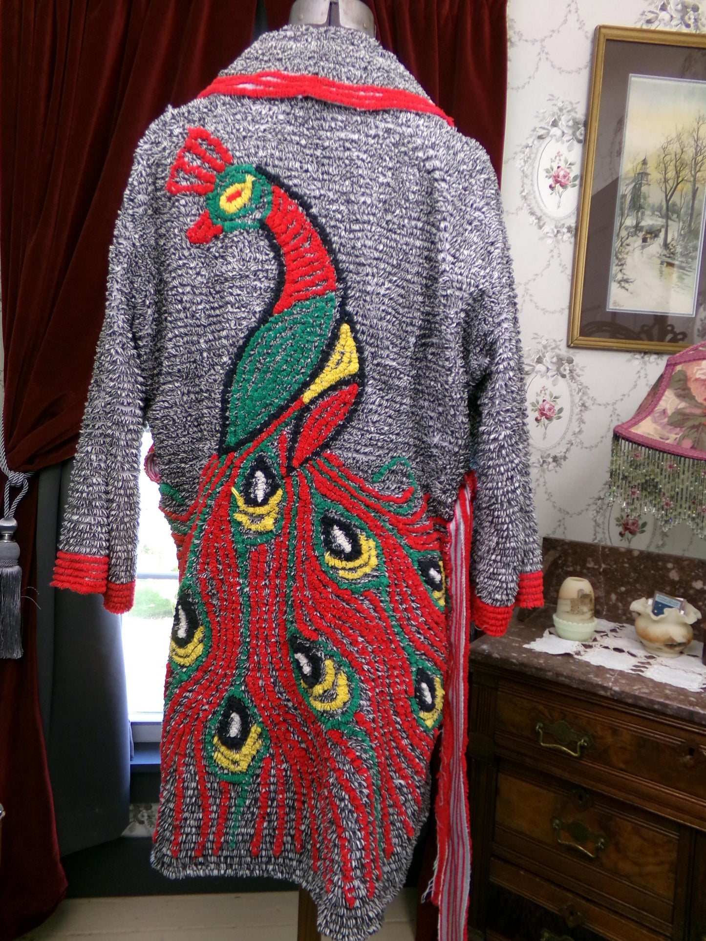 Vintage Chenille Peacock Robe, Short Length Bathrobe or Coverup, Salt 'n Pepper Black & White w/ Red Accents, Handmade