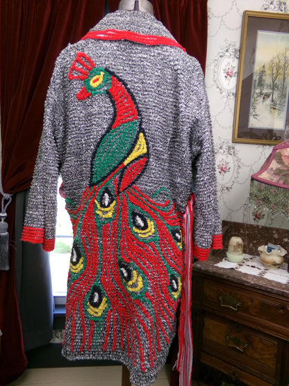 Vintage Chenille Peacock Robe, Short Length Bathrobe or Coverup, Salt 'n Pepper Black & White w/ Red Accents, Handmade
