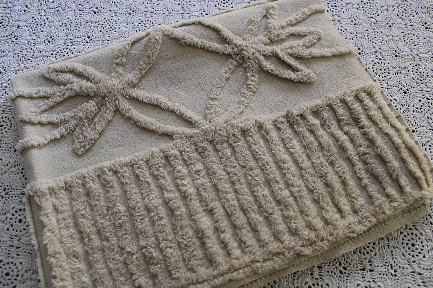 Simple Neutral Modern Vintage Chenille Fabric, 20" x 25" inch Piece, Mocha Star Lily Design