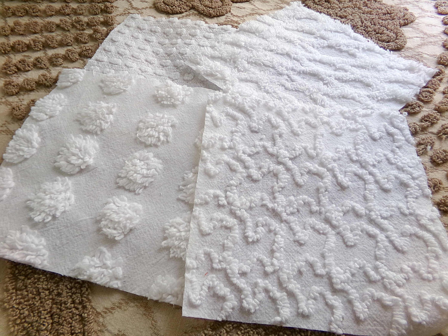 Snow Day White Fabric Squares Cut from Vintage Chenille Bedspreads, 16 Quilt Blocks, 6" x 6" inch each