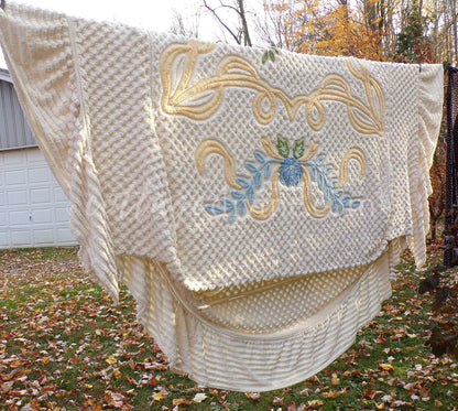 Luxury Buttercream Vintage Chenille Bedspread in Heirloom Garden Wildflowers, Full Size Boxed Fit Design with Ruffle Skirt