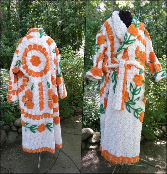 Plush & Warm Women's Chenille Robe, "Citrus Dreams" Bathrobe Upcycled from Vintage Chenille Bedspread Fabrics, Size L XL 1X