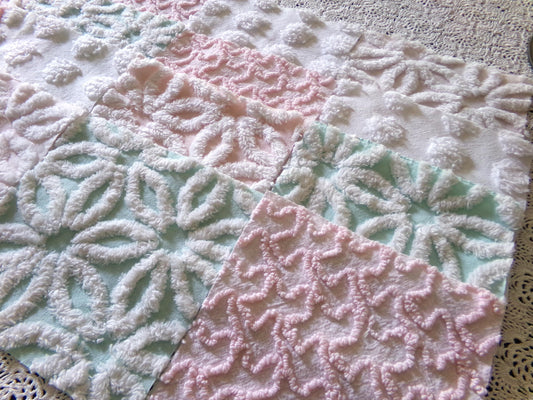 Beautiful Aqua & Pink Chenille Quilt Squares Set from Vintage Bedspread Fabric, 16 Blocks, 6" x 6" inch, Daisy, Squiggle, Polka Dot Patterns
