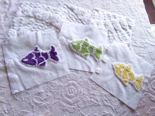 school of fish chenille fabric squares, set of 6 large 9.5" square quilt blocks, fun fishies & plush white swirl dots
